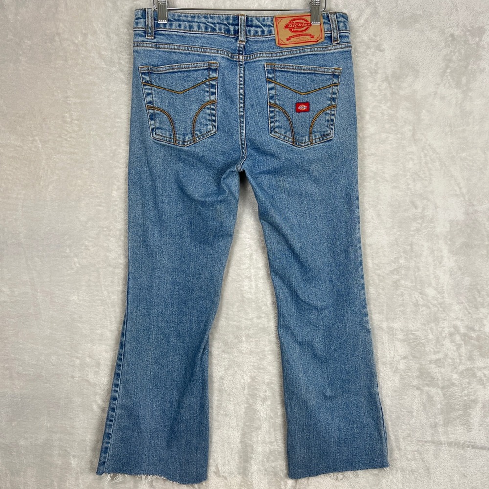 Dickies Girl Low Rise‎ Flare Jeans Denim Raw Hem Size 11 blue medium wash  30x26